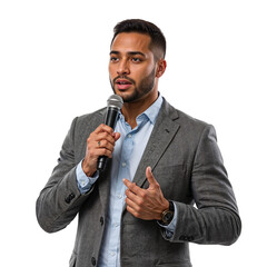 Expressive Businessman Speaking into Microphone Isolated on transparent background