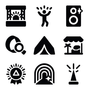 Trance Festival Icons. Solid, filled icons set of trance festival icons: mainstage glow, dancer beam, speaker