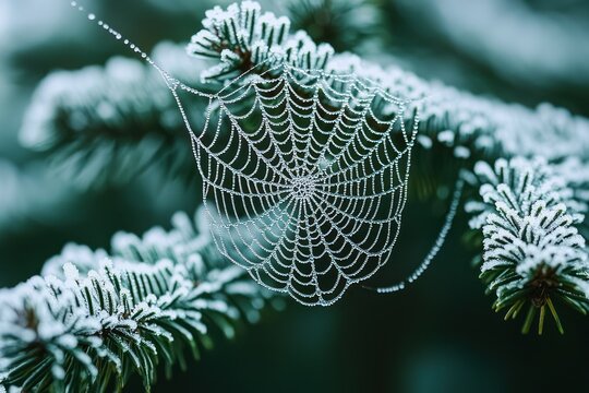 Frozen spiderweb on a pine branch