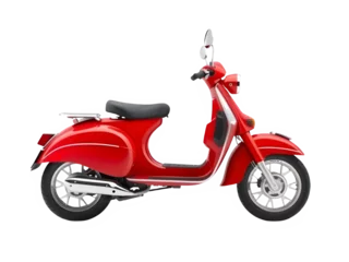 Fototapeten Vibrant Red Retro Classic Scooter – Stylish Vintage Two-Wheeler with Chrome Accents on Black Background © Md
