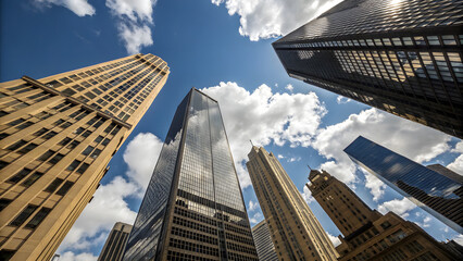 Fototapeta premium A lowangle view captures the towering skyscrapers of a modern city against a bright blue sky dotted with fluffy clouds