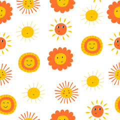 Cute Sun Seamless Pattern. Summer Sunshine Weather Background. Vector Textile Wallpaper