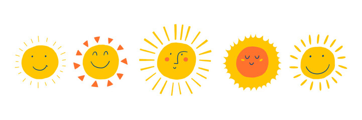 Cute Sun Smile Face Sticker. Kid Sunshine Character Icon Set. Vector Illustration