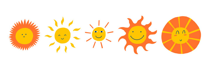 Sun Smile Face Sticker. Kid Sunshine Character Icon Set. Vector Illustration