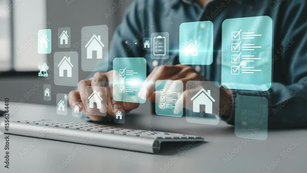 Aufkleber Person interacting with floating house icons and checklist icons above a keyboard on a desk