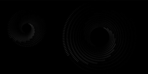 Halftone circular dotted frames set. Circle dots texture isolated on white background.  Modern design element spiral circle sound wave vector logo simple