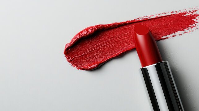 Red lipstick with smooth, creamy texture and vibrant color, placed light background with streak of lipstick swatch, evoking feelings of confidence and elegance. Perfect for beauty and makeup