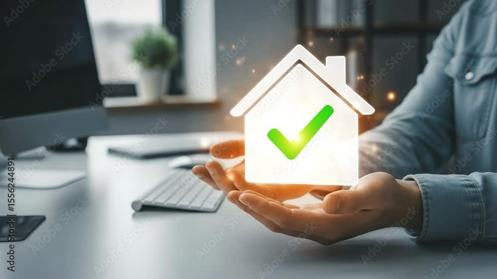 Poster Person holding house icon with green checkmark over desk with computer and keyboard in office