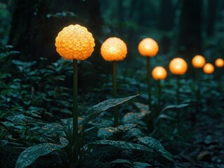 Glowing orbs illuminate a mystical forest path