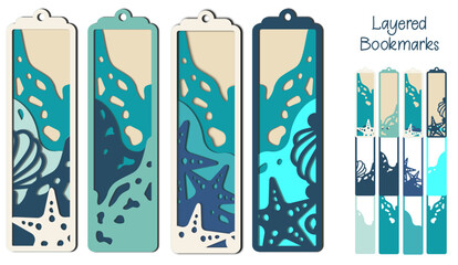 Set of four layered bookmark with beach and waves, Summer svg 