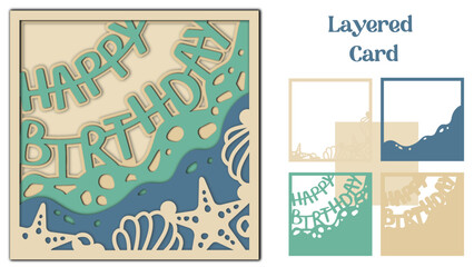 Happy Birthday card with beach and ocean waves, Layered svg design for cutting machine