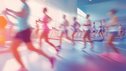 A blurred gym background with fitness enthusiasts engaged in various exercises, such as lifting weights, running on treadmills, and stretching. The motion blur effect adds a sense of energy