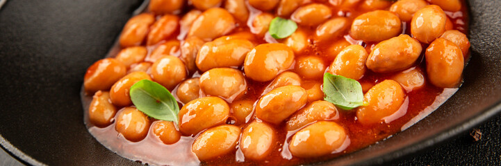 Bean stew tomato sauce cranberry beans vegetable dish beans borlotti fresh delicious gourmet food background on the table rustic food top view copy space keto and paleo diet vegan and vegan food