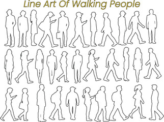 Line art silhouettes of walking people in various poses and activities depicted in monochrome. walking, people, silhouettes, line art.