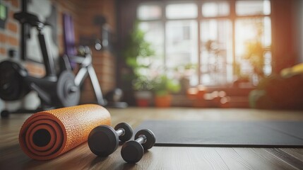 A blurred background of a home workout space with neatly arranged fitness gear, including yoga mats, dumbbells, and a stationary bike. The room has a cozy yet functional atmosphere