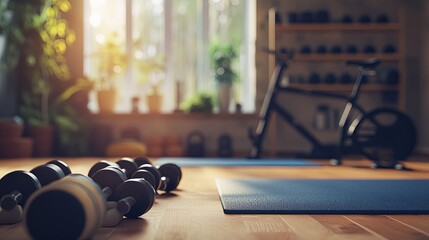 A blurred background of a home workout space with neatly arranged fitness gear, including yoga mats, dumbbells, and a stationary bike. The room has a cozy yet functional atmosphere
