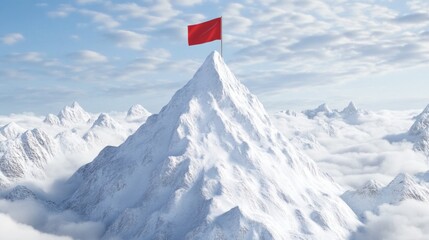 Snowy mountain peak with red flag