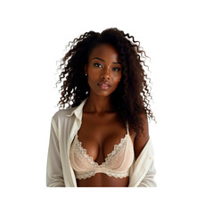 Confident Black Woman with Curly Hair in Beige Lingerie