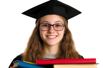 Young female graduate wearing glasses holds colorful books and smiles brightly, celebrating academic achievement and success in a graduation cap and gown