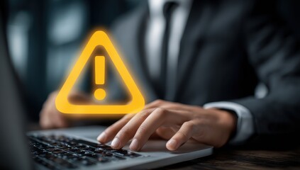 Man in suit types on laptop, a bright warning sign layered on top