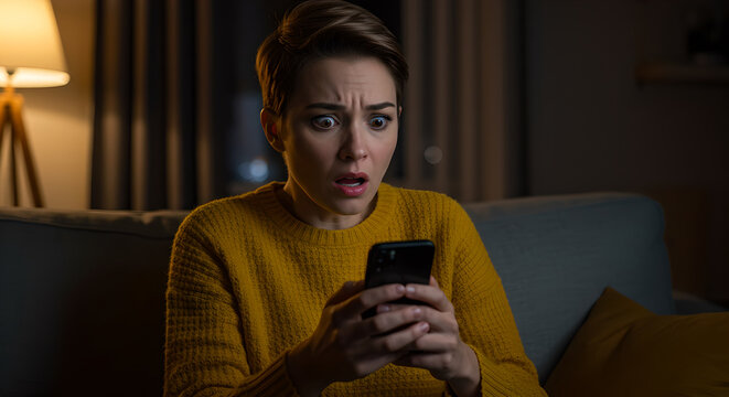 Shocked Woman at Night, Online Scam or Digital Threat on Phone - Powered by Adobe