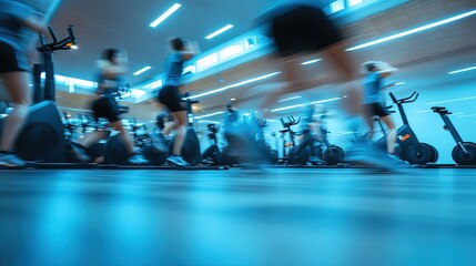 A blurred background capturing a group exercise session in a well-equipped gym. Participants are engaged in activities such as HIIT, yoga, or cycling