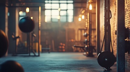 A blurred background featuring a raw, industrial-style gym with exposed brick walls, heavy-duty workout equipment, and a rugged atmosphere. The space is filled with fitness enthusiasts performing
