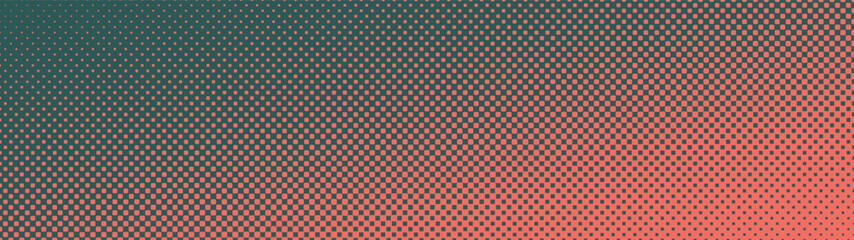 Checkered halftone pattern faded tilted gradient ultra wide 32:9 aspect ratio orange green vector abstract background. Chequered half tone panoramic ultrawide format cool attitude graphic abstraction