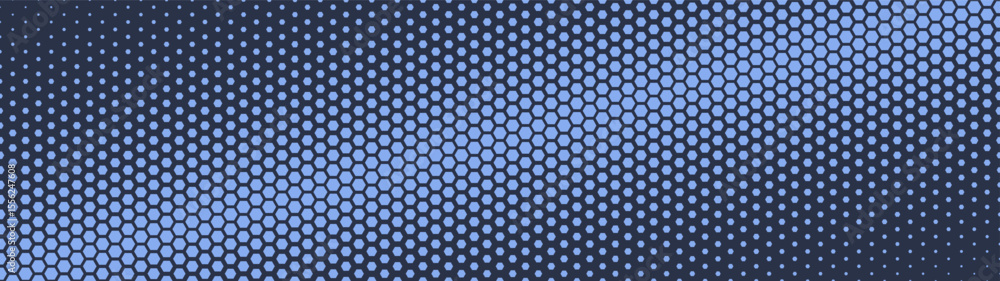 Poster hexagonal grid halftone pattern tilted gradient border ultra wide 32:9 aspect ratio dark blue vector