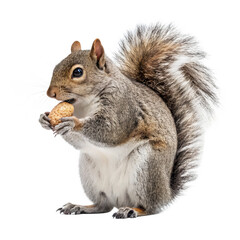 Fototapeta premium Closeup of an adorable grey squirrel isolated on white background, enjoying a nut