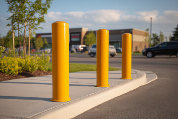 Line of Bright Yellow Bollards in Parking Lot for Safety and Organization
