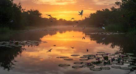 Colorful wetlands of the Pantanal during sunrise, with reflective water surfaces, water lilies, and tropical birds in flight — wild and biodiverse scenery