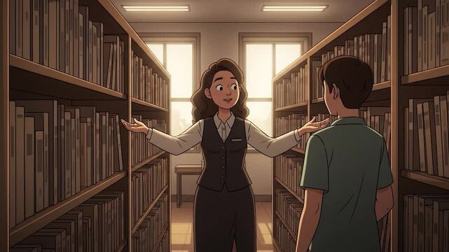 Animated librarian guides student through library stacks, pointing to books on shelves in a video scene