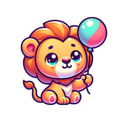 Cute Lion Cub with Balloon: An adorable cartoon lion cub, with big, expressive eyes, holds a colorful balloon. Its cheerful expression evokes feelings of joy and playfulness.
