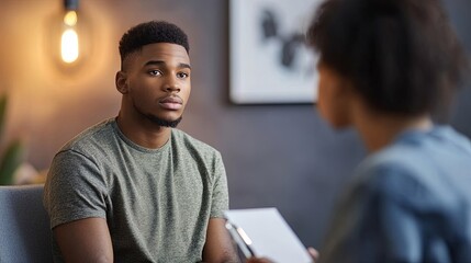 Young man sitting with slouched shoulders while the psychologist takes notes during a mental health consultation