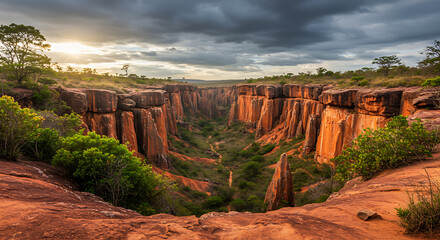 Red rock formations and canyons of Chapada Diamantina under dramatic lighting, with native vegetation and hiking trails — stunning landscape of Bahia