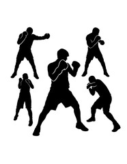 Male boxing sport training pose, jab, hook, silhouette