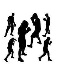 Male and female boxing sport training pose, jab, hook, silhouette
