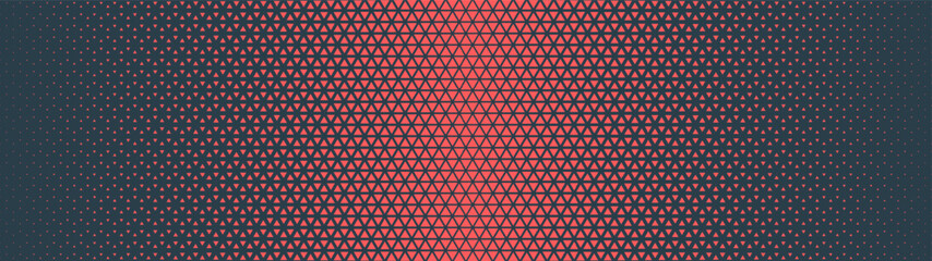 Triangles hexagonal grid halftone pattern faded gradient ultra wide 32:9 aspect ratio red black vector abstract background. Half tone graphic panoramic ultrawide format hi-tech conceptual abstraction