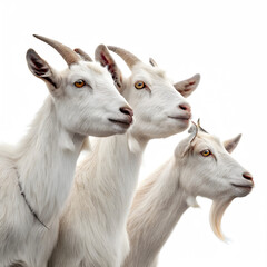 Fototapeta premium Three fluffy white goats stand together, isolated on transparent background, their gentle eyes captivating in a closeup portrait