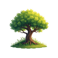 Lush Green Deciduous Tree on Grassy Knoll - Cartoon Illustration