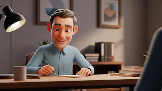 Animated man taking notes during a meeting in a bright office setting, cartoon style
