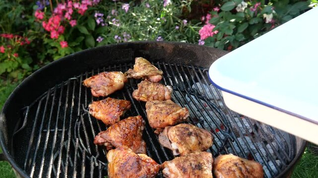 Checking the Right Temperature with Digital Thermometer of BBQ Chicken thighs ina backyard on warm summer day. Food Safety