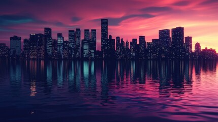 Obraz premium Sunset reflection over a vibrant city skyline with colorful clouds illuminating the water surface