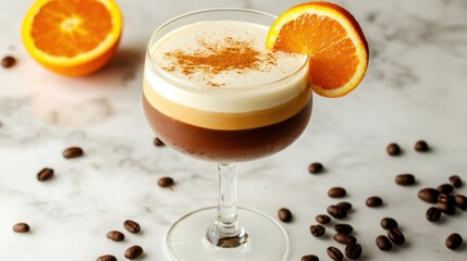 Layered coffee cocktail in crystal glass with slices of orange and coffee beans on a white marble surface