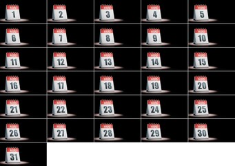 August Calendar Days Set Spotlighted on Black Background