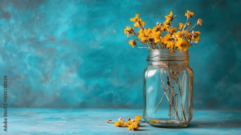 Poster bright yellow flowers in a glass jar on a vibrant teal background create a cheerful and inviting atm