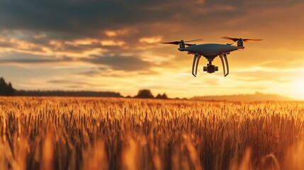 Drone captures breathtaking sunset over golden wheat fields reflecting warm hues during evening hours in a serene rural landscape
