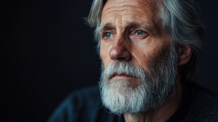 Close up portrait of an older man with a long gray beard looking away in deep thought. Concept of wisdom, experience, and pensive reflection.