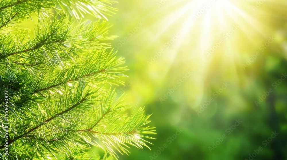 Poster sunlight filtering through tree branches creates a serene and vibrant natural atmosphere in a lush f
